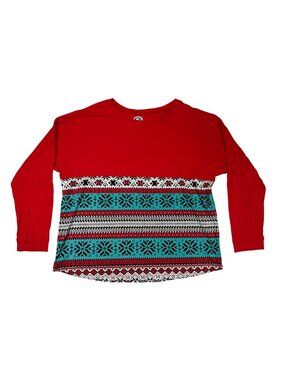 Tees2UrDoor Joy To The World Red XXL Long Sleeve Womens Top Fair Isle Print